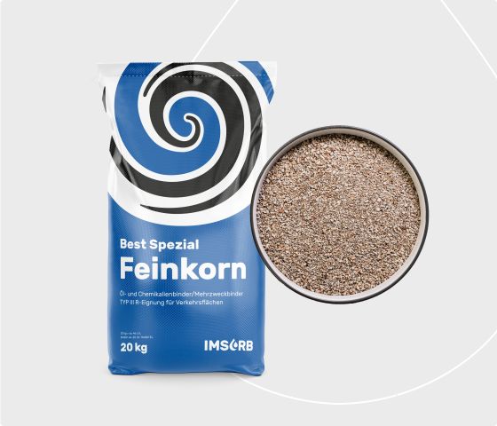 IMSORB Ölbindemittel Feinkorn im Sack mit Detailansicht des Granulats für hohe Saugleistung