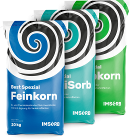 Produktabbildung von IMSORB Ölbindemittel Granulat in blauen, grünen und türkisen Säcken mit hoher Saugleistung